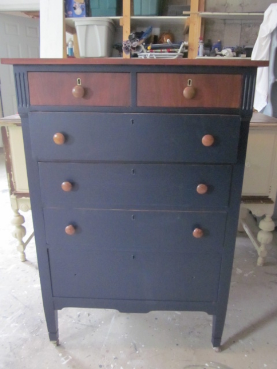 navy blue dresser, english chestnut stain