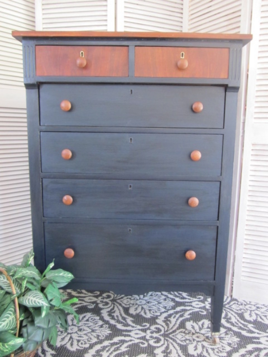 navy blue dresser, english chestnut stain