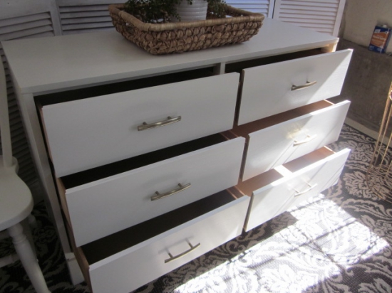EntriWays.com Modern white 6-drawer dresser with champagne bronze hardware
