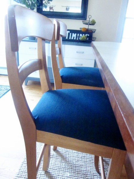 denim fabric on bar stools