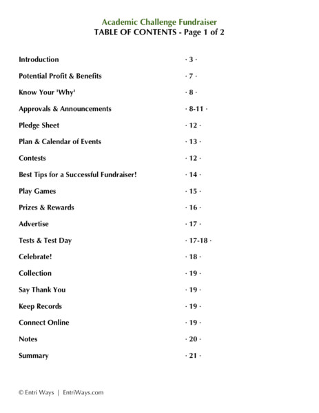 Academic Challenge Table of Contents