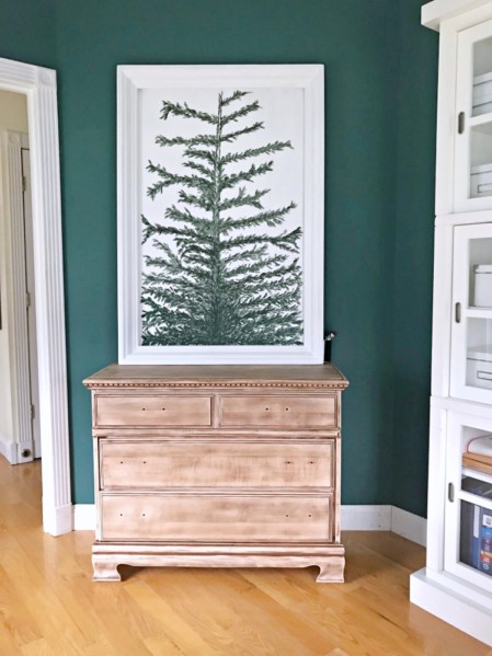 home office, tree painting, natural cabinet