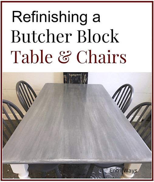 Butcher Block Table and chairs, gray table, gray chairs