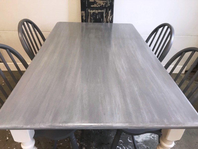 Butcher Block Table and chairs, gray table, gray chairs