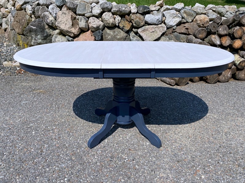 Whitewashed & navy blue oval dining table
