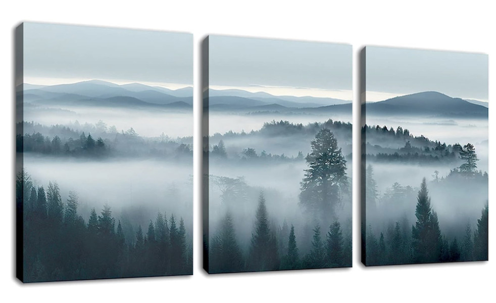 foggy forest canvas art, blue mountains