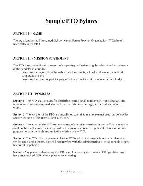 Sample PTO Bylaws Entri Ways